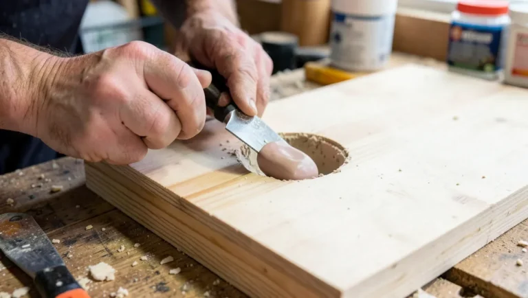Applying wood filler into a hole with a putty knife