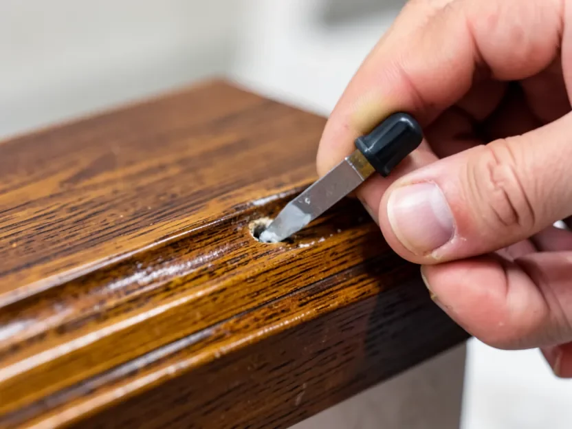 Applying wood putty to a nail hole on stained wood trim with a putty knife