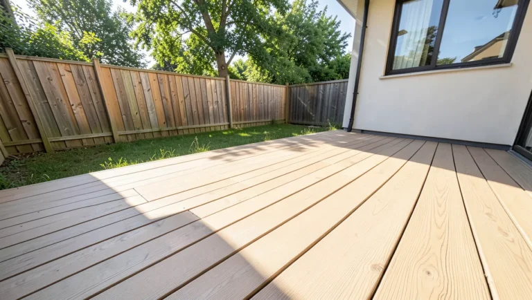Composite deck built with Armadillo Evolution style wood-grain decking boards