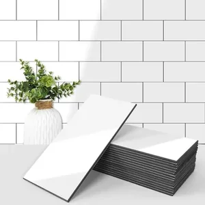 Art3d peel and stick glossy white subway tile backsplash kit, stacked tiles with sample wall