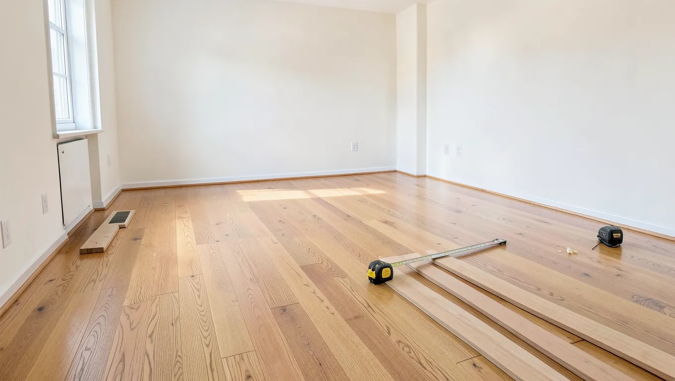 Fresh oak hardwood flooring mid-installation in a bright empty room