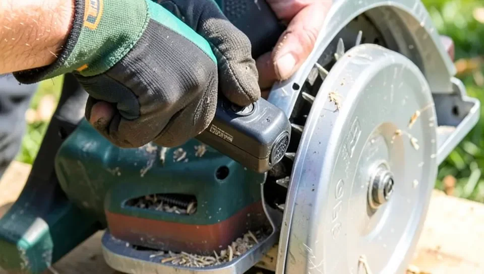 Battery inserted into a cordless circular saw