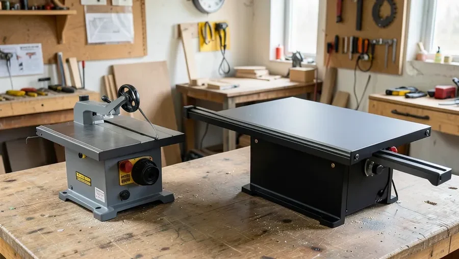 Benchtop table saw next to a larger jobsite table saw with an extended rip fence rail