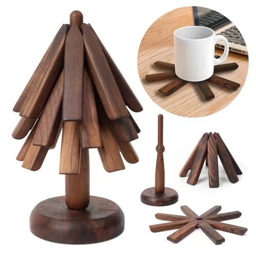 Black walnut wood table mat and coaster set with stand