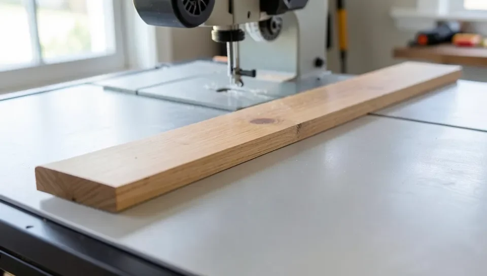 A board sliding across a smooth outfeed table surface behind a table saw