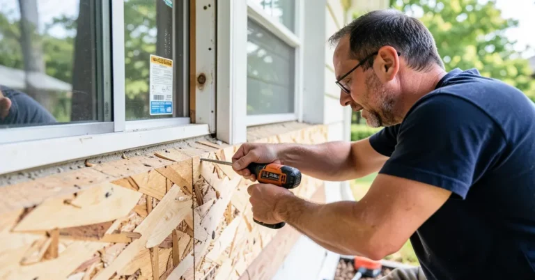 Man securing a plywood panel over a house window with a drill and lag screws