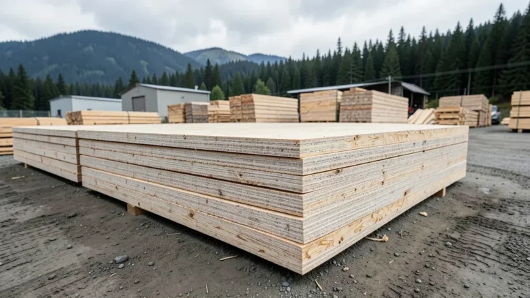 Stacked structural plywood sheathing panels at an Oregon lumber mill yard near Elgin