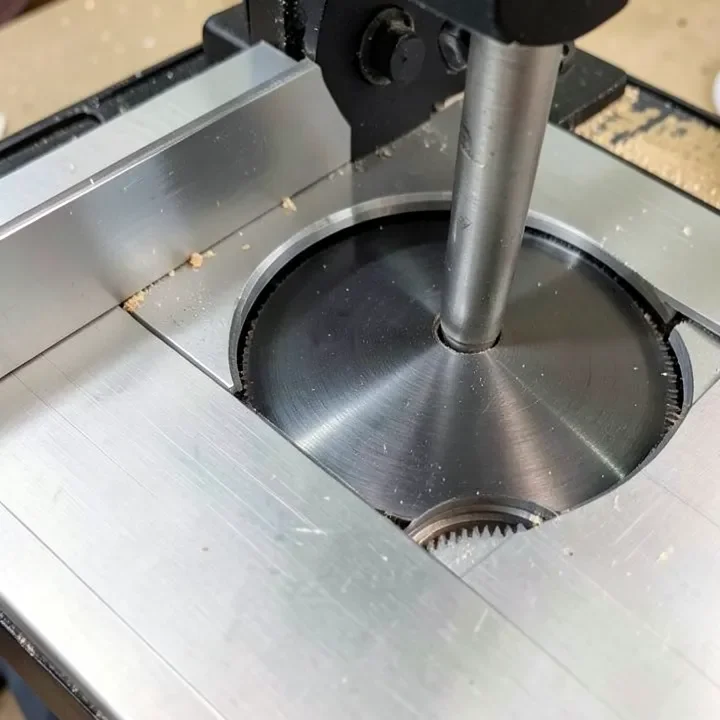 Table saw rip fence rail next to the blade insert plate