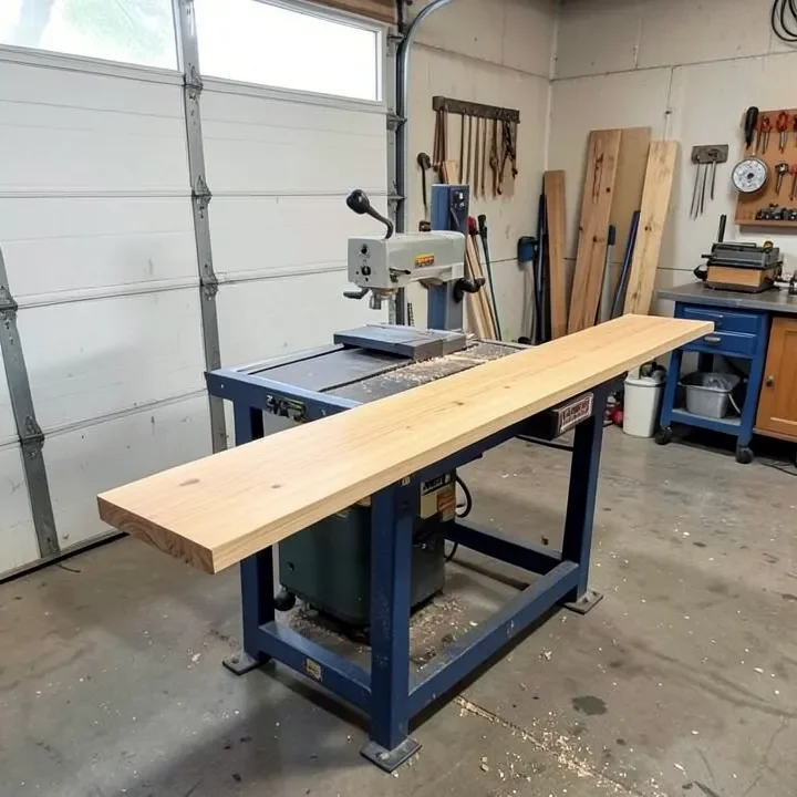 Long wood board resting on a table saw with extended support
