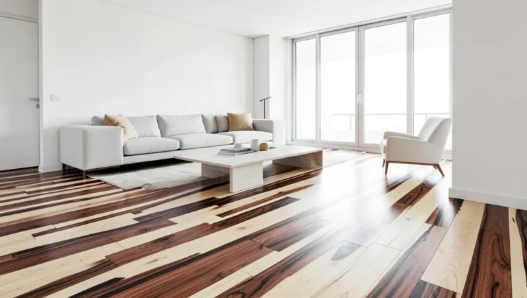 Bright living room with high-contrast light and dark exotic hardwood flooring sold as Brazilian pecan