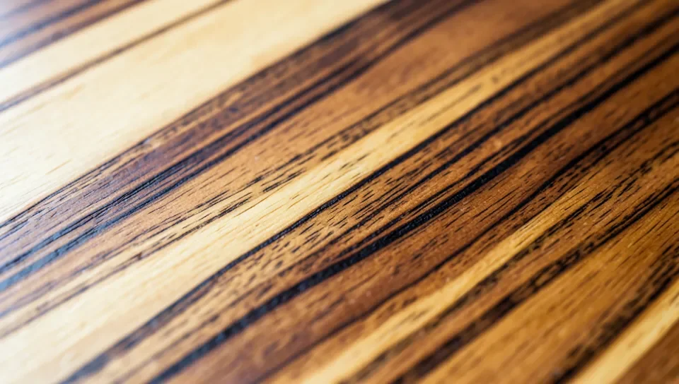Close-up of guajuvira Brazilian pecan hardwood flooring grain showing pale sapwood and dark heartwood streaks