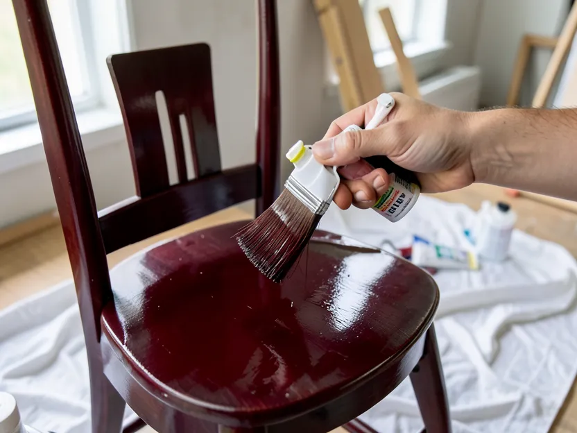 Applying a coat of dark cherry spray paint to a wooden chair with a foam brush