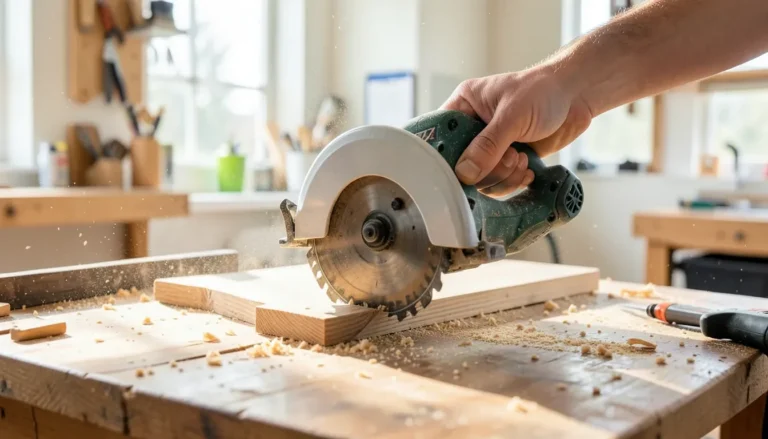 Brushless cordless circular saw cutting a wood board on a workbench