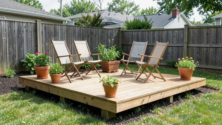 Small budget pressure-treated garden deck built at ground level with folding chairs and potted plants