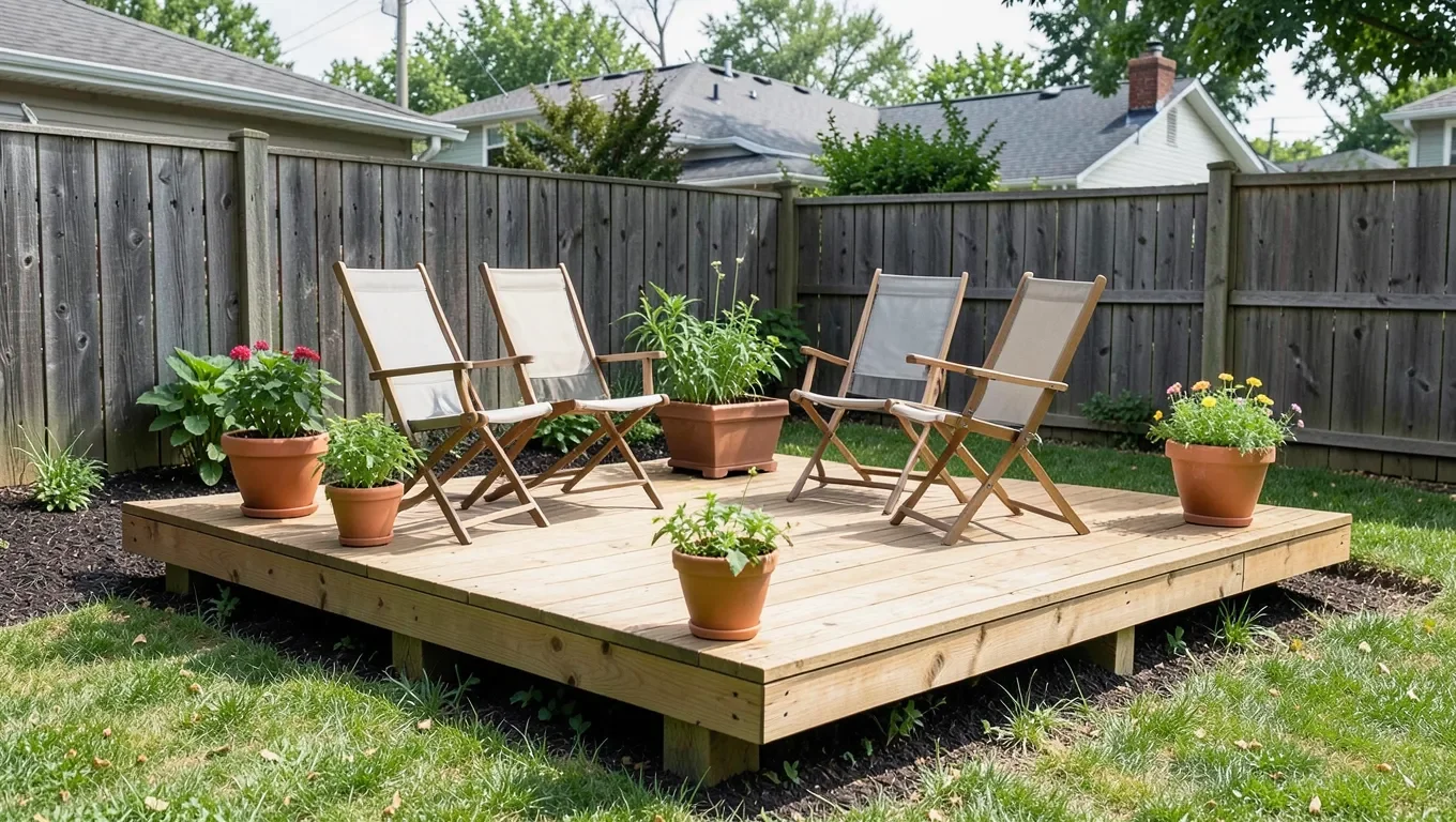 Small budget pressure-treated garden deck built at ground level with folding chairs and potted plants
