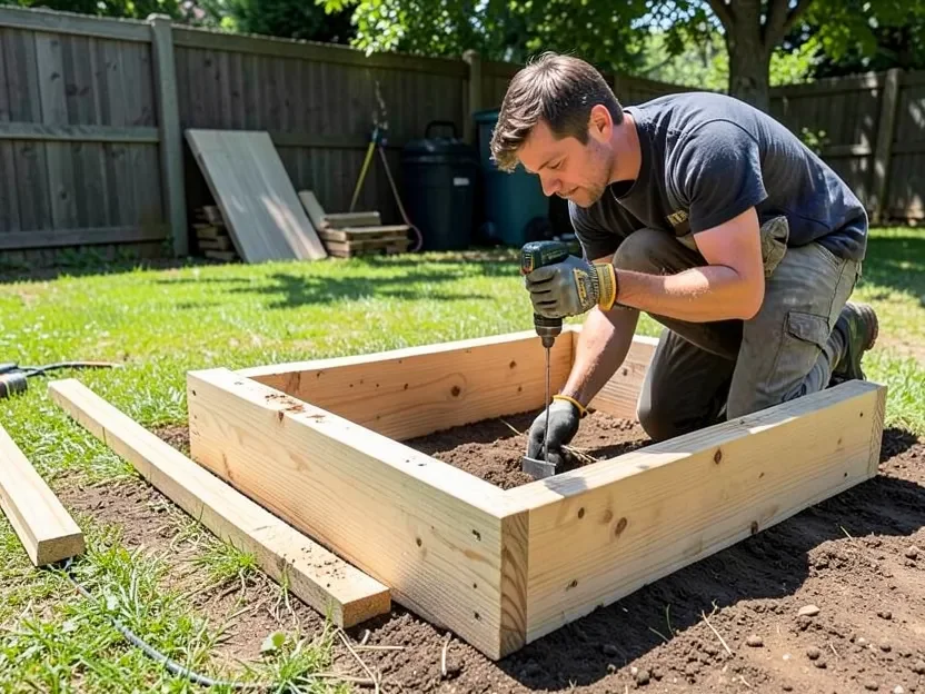 Person building a wooden raised garden bed frame outdoors