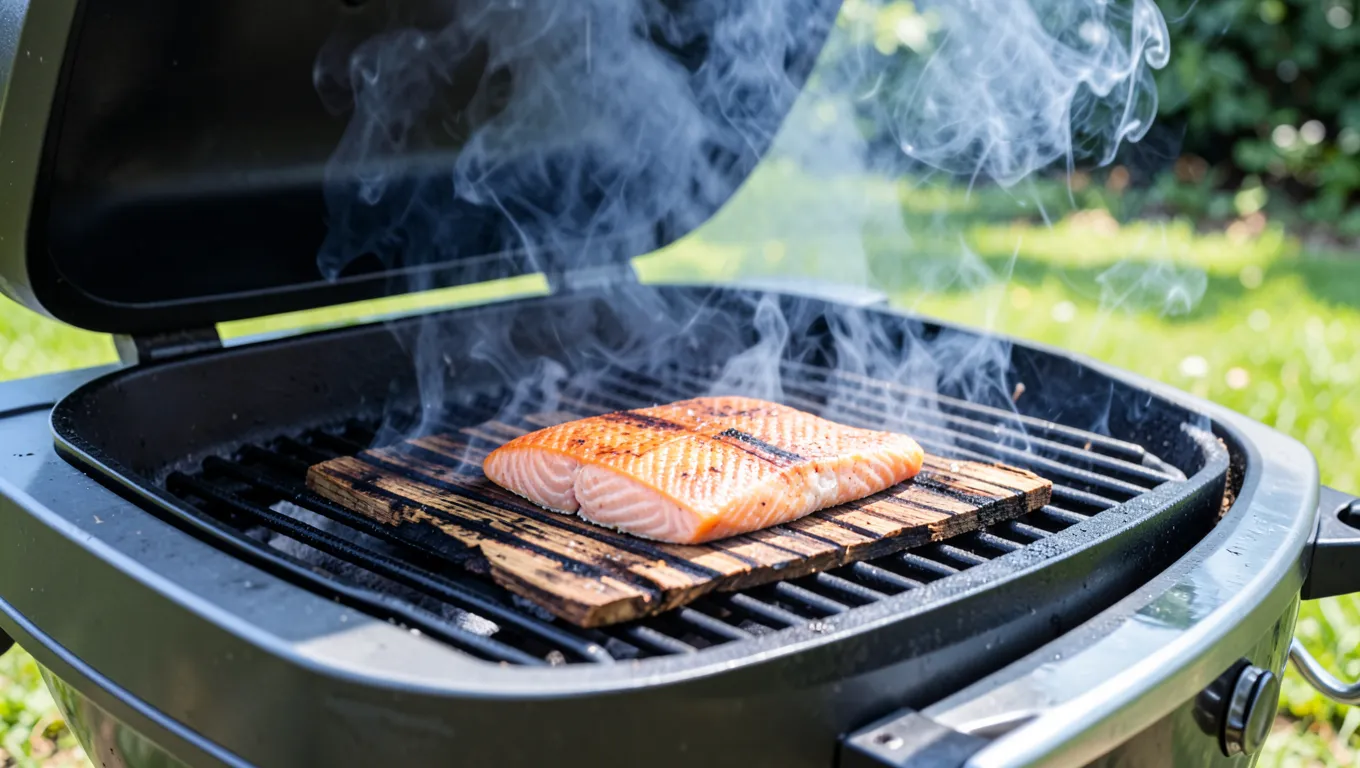 Salmon fillet cooking on a smoking cedar grilling plank on an outdoor grill