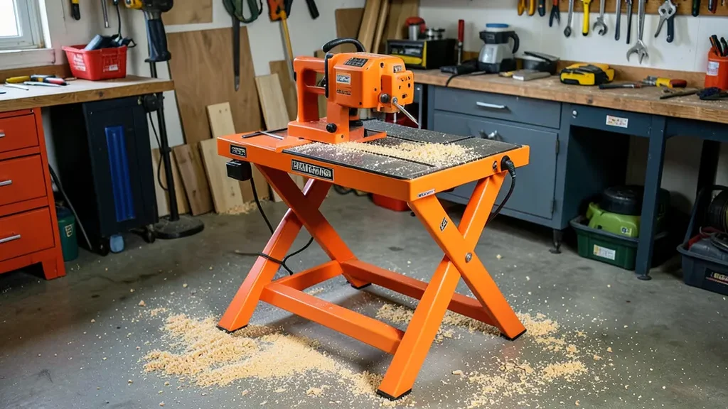 Budget orange benchtop table saw on a folding stand in a home garage workshop