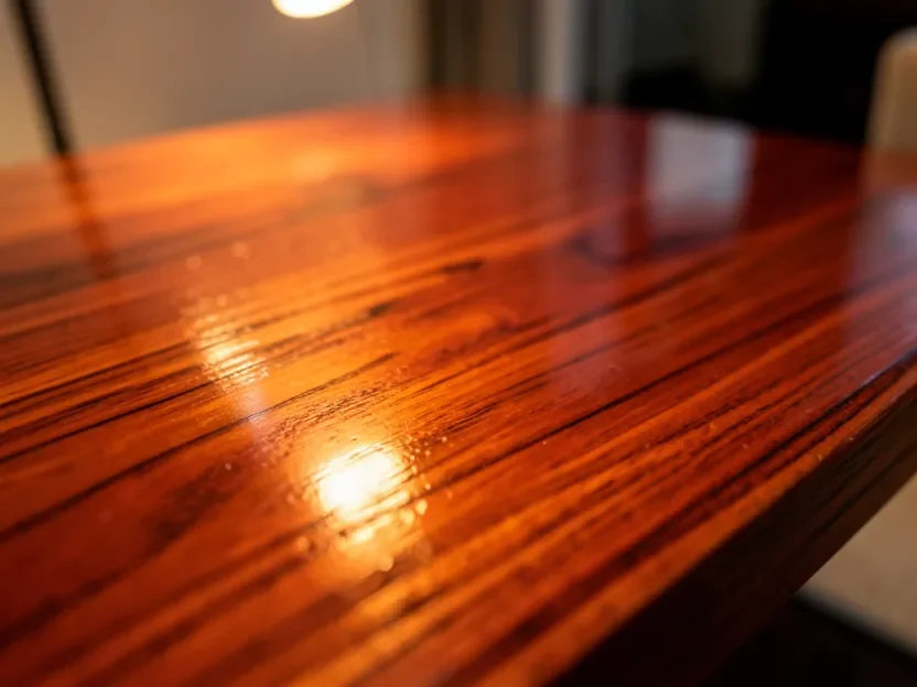 Close-up of a cherry wood table surface with a warm waxed finish