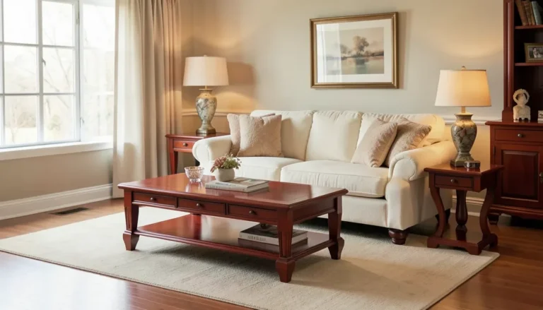 Living room with cherry wood coffee table and side tables next to a cream sofa