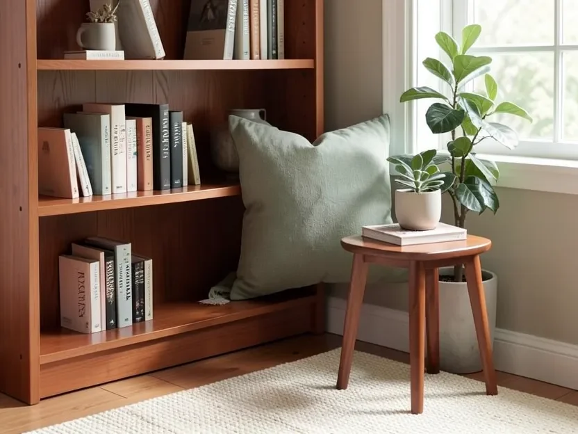 Styled living room corner with a cherry wood bookshelf and side table