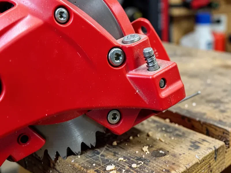 Close-up of a red miter saw blade guard assembly with mounting bolts