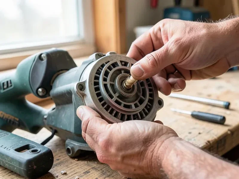 Installing a new carbon motor brush into a miter saw motor housing