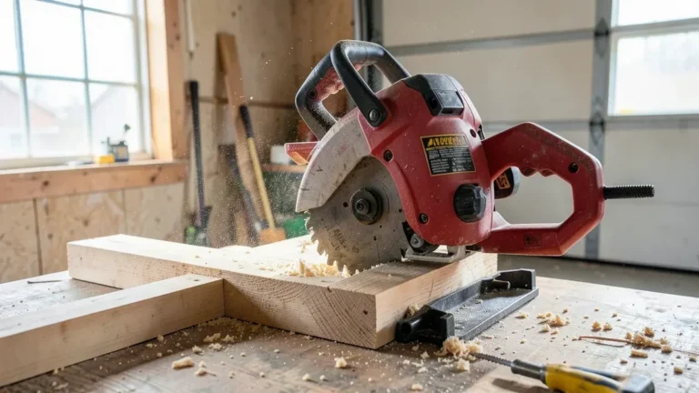 Red compound miter saw cutting a wood board in a home workshop