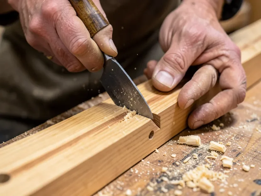 Close-up of a woodworker using a wood chisel and mallet to cut a dovetail joint in oak