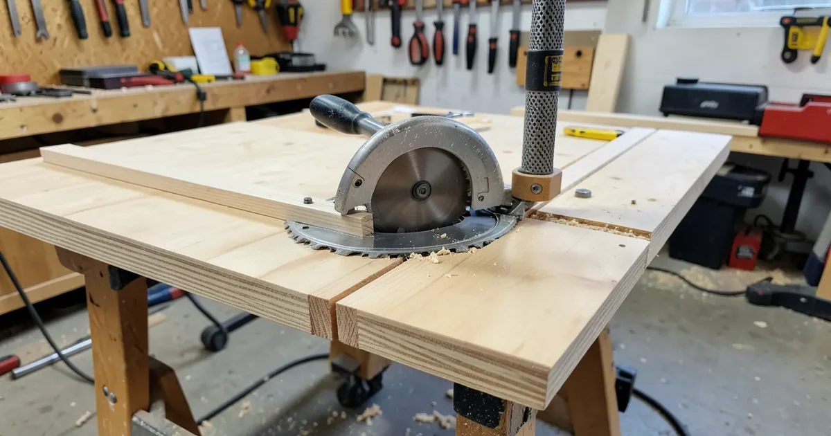 A plywood straight-edge guide clamped down while a circular saw rides against it for a straight cut