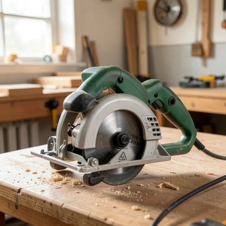 A corded electric circular saw with its power cord entering the handle