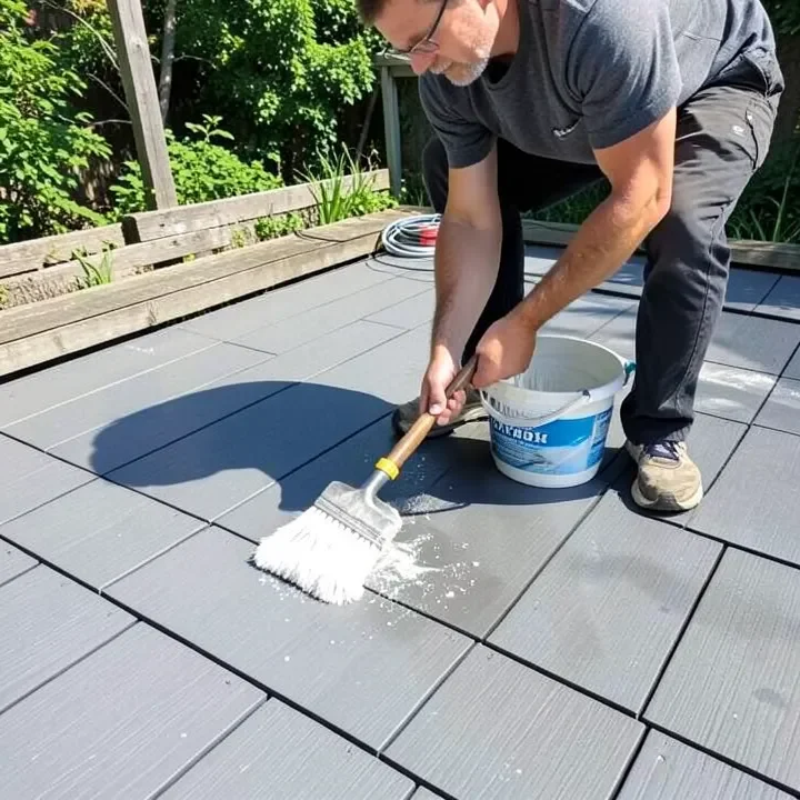 person cleaning a composite deck with mop and cleaning solution