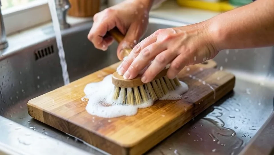Scrubbing a wood cutting board with hot soapy water and a brush at a kitchen sink