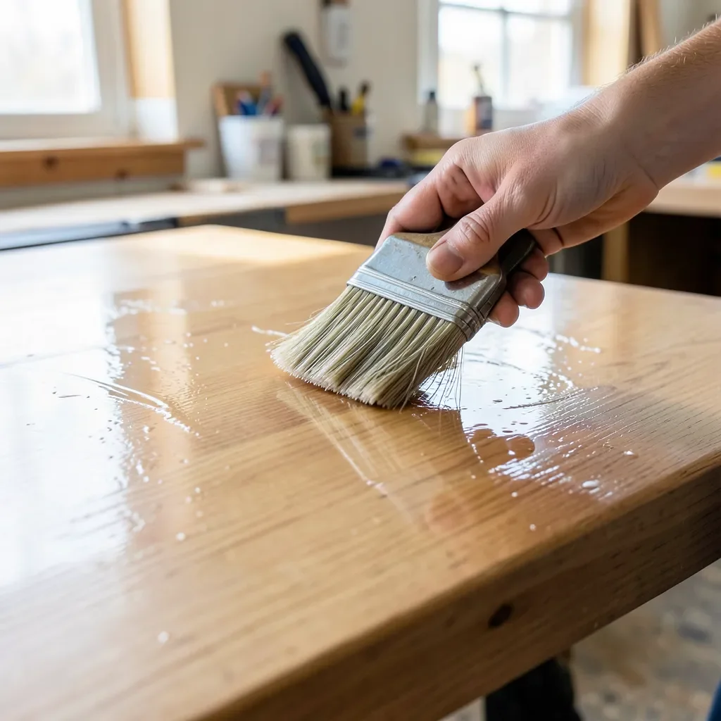 Hand brushing clear semi-gloss polyurethane onto a wood tabletop