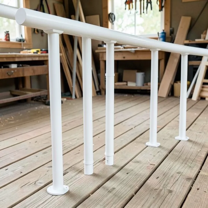 White aluminum railing system with matching post sleeves on a wood deck