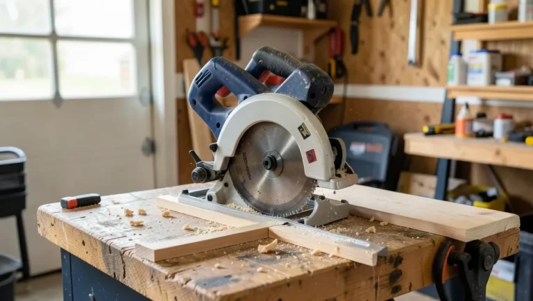 A compact 7-1/4 inch compound miter saw set up on a garage workbench
