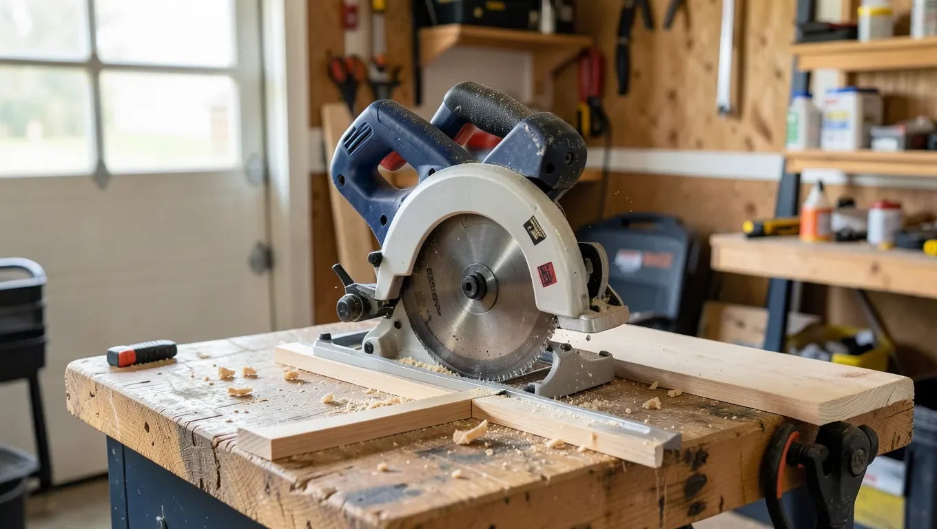 A compact 7-1/4 inch compound miter saw set up on a garage workbench