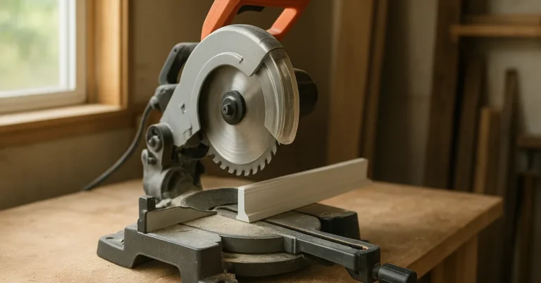 compact corded compound miter saw cutting trim molding on a workbench