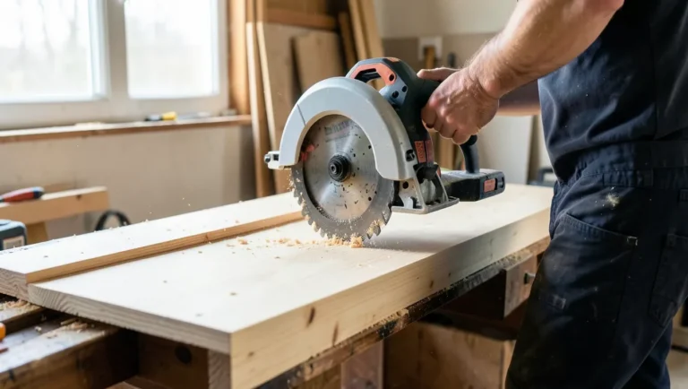 Compact cordless circular saw cutting plywood