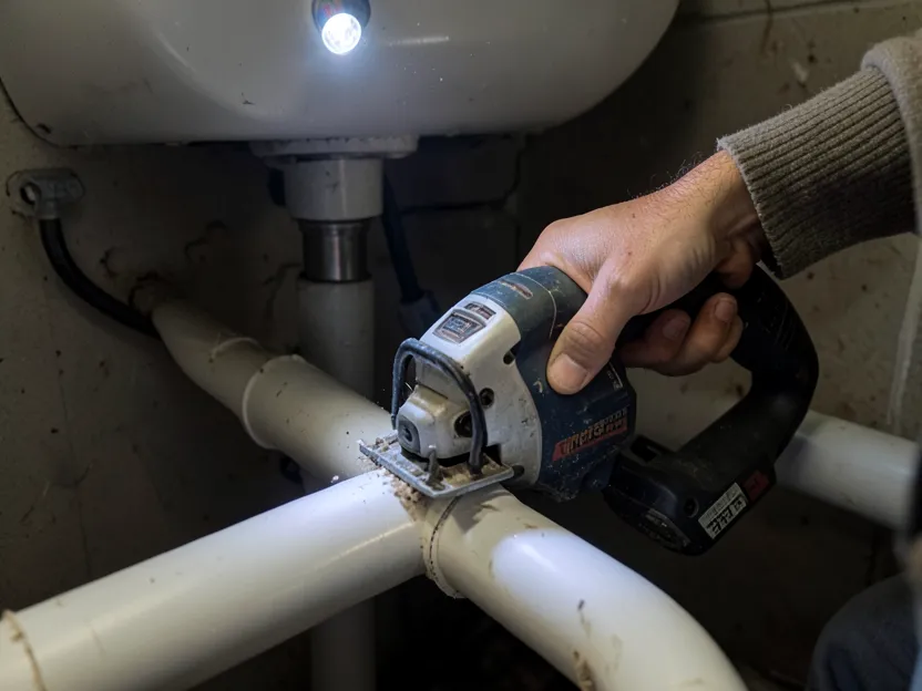 A compact one-handed reciprocating saw cutting a PVC pipe in a tight space under a sink, LED light on