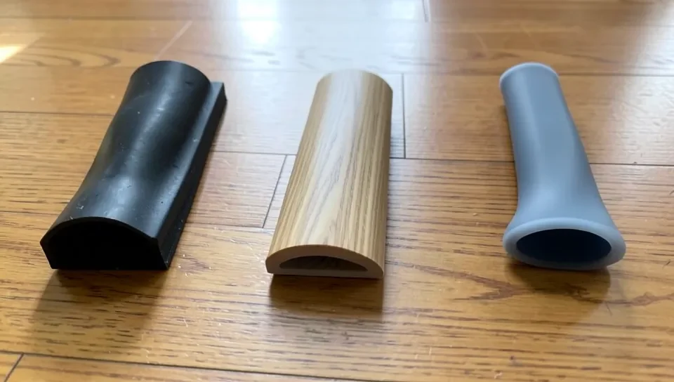 Rubber, PVC, and silicone cord covers side by side on a hardwood floor