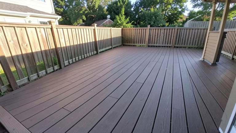 Backyard deck built with long seam-free composite deck boards running the full length of the deck