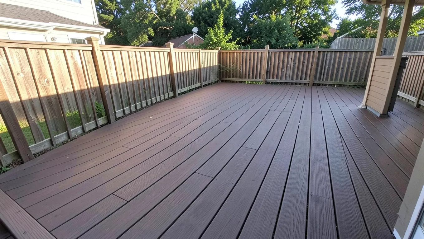 Backyard deck built with long seam-free composite deck boards running the full length of the deck