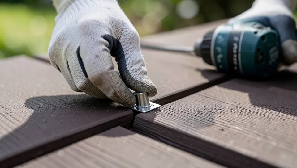 Gloved hand installing a hidden fastener clip into a composite deck board groove