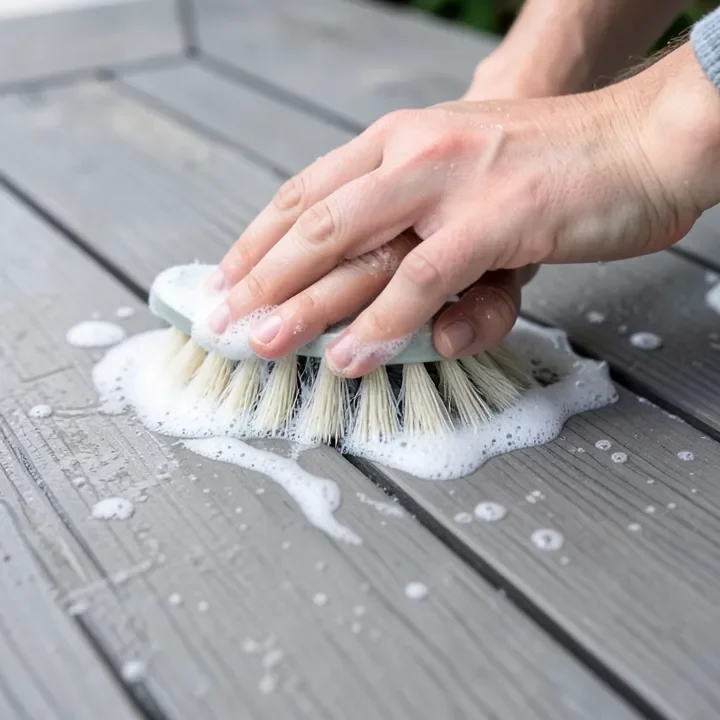 Cleaning a composite deck board with a soft brush and soapy water