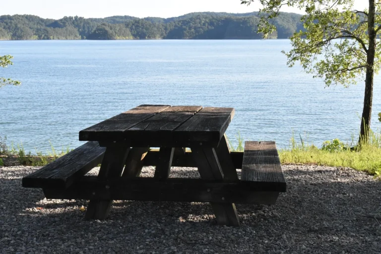 Finished picnic table with attached benches outdoors, built from composite decking boards