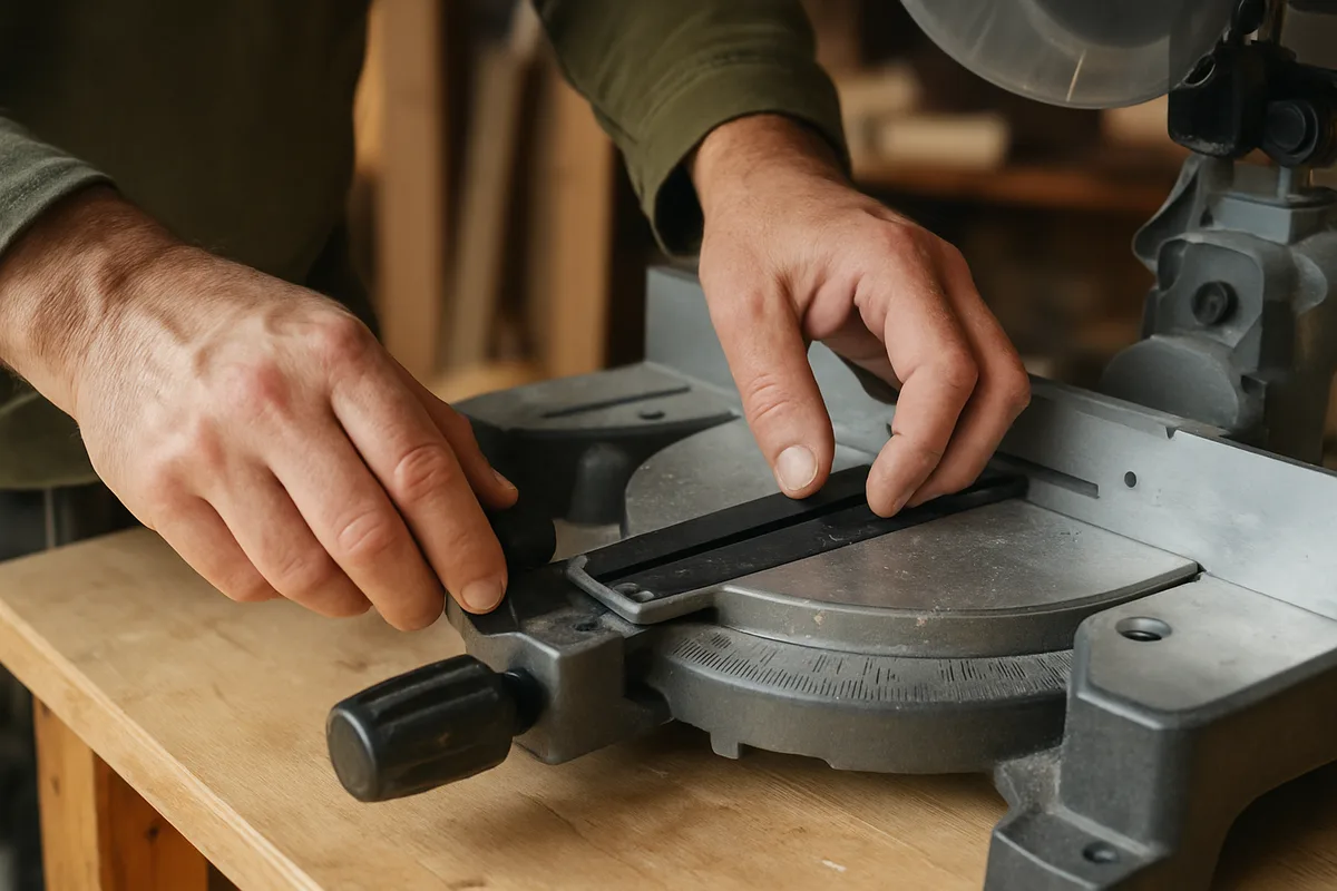 woodworker adjusting the miter angle scale on a compact compound miter saw woodworker adjusting the miter angle scale on a compact compound miter saw