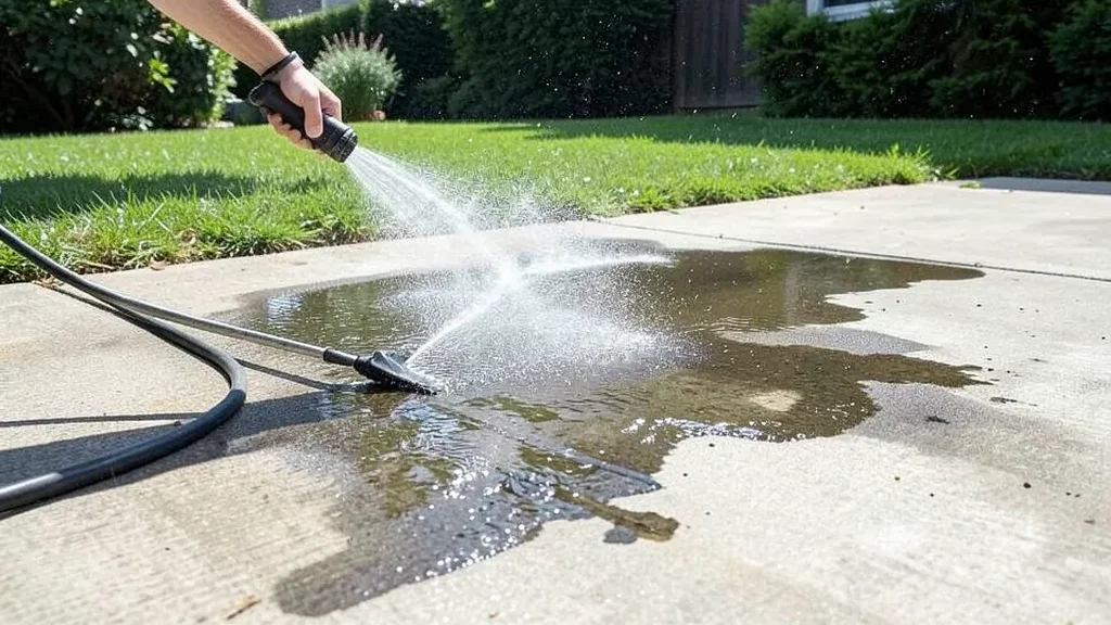 Pressure washer spraying and removing spray paint stains from a concrete driveway