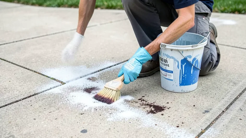Person scrubbing a spray paint stain on concrete with a brush and baking soda paste