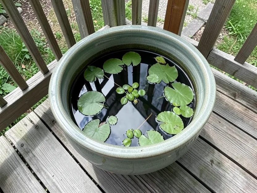 Small stone urn fountain with bubbling water sitting on a wood deck surrounded by potted plants